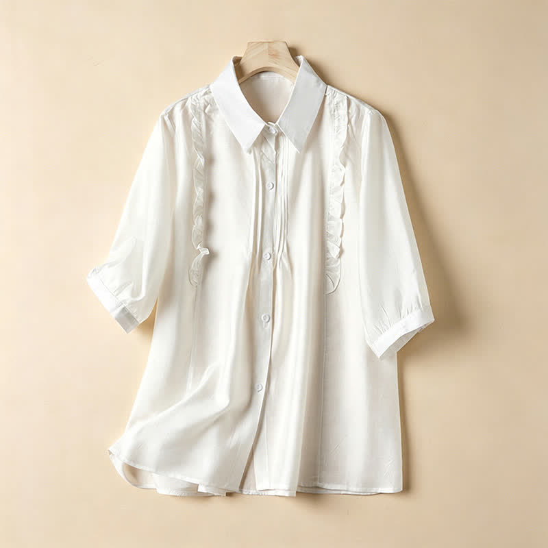 Nimara Ritual Summer Elegant Vintage Button-up Solid Front Pleated Ruffle Women's Short Sleeve Shirts