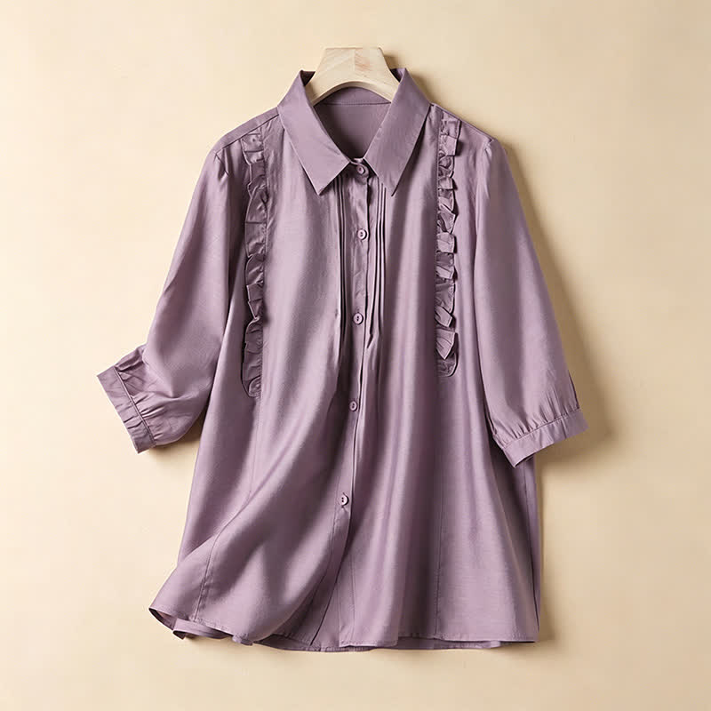 Nimara Ritual Summer Elegant Vintage Button-up Solid Front Pleated Ruffle Women's Short Sleeve Shirts