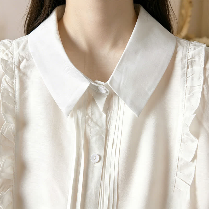 Nimara Ritual Summer Elegant Vintage Button-up Solid Front Pleated Ruffle Women's Short Sleeve Shirts