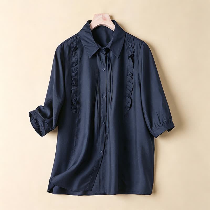 Nimara Ritual Summer Elegant Vintage Button-up Solid Front Pleated Ruffle Women's Short Sleeve Shirts