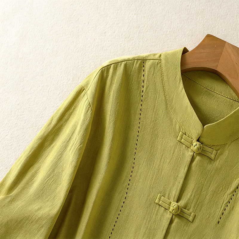 Nimara Ritual Summer Tang Style Vintage Mandarin Collar Frog Button Solid Women's Short Sleeve Shirts With Pockets