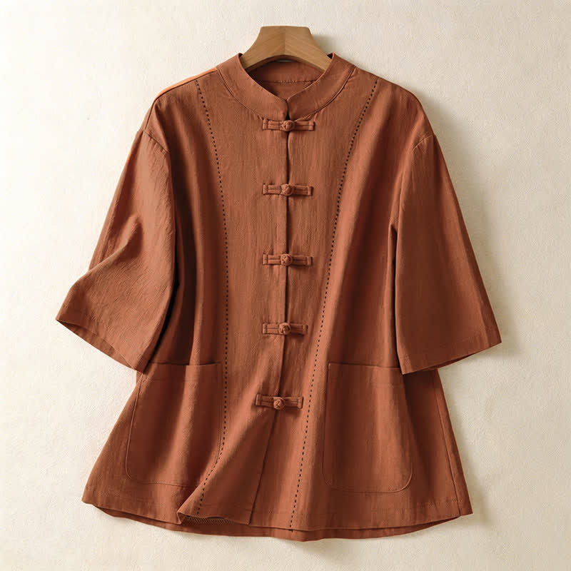 Nimara Ritual Summer Tang Style Vintage Mandarin Collar Frog Button Solid Women's Short Sleeve Shirts With Pockets