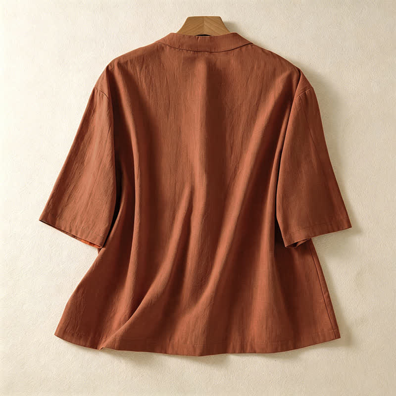 Nimara Ritual Summer Tang Style Vintage Mandarin Collar Frog Button Solid Women's Short Sleeve Shirts With Pockets