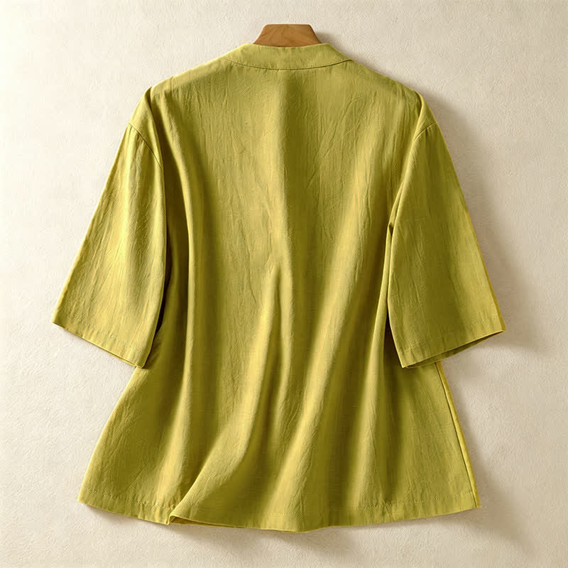 Nimara Ritual Summer Tang Style Vintage Mandarin Collar Frog Button Solid Women's Short Sleeve Shirts With Pockets