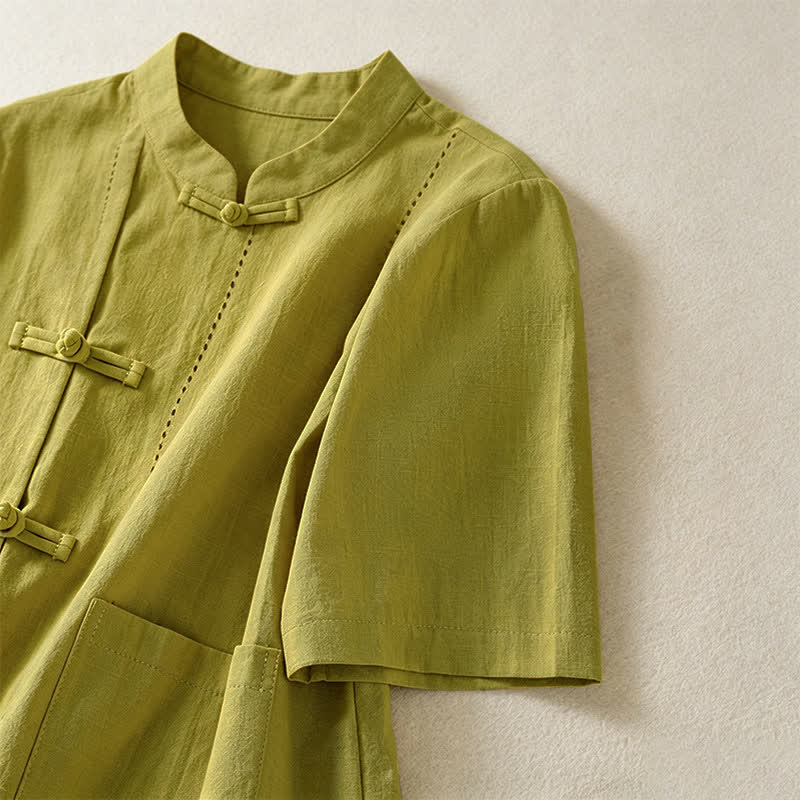 Nimara Ritual Summer Tang Style Vintage Mandarin Collar Frog Button Solid Women's Short Sleeve Shirts With Pockets