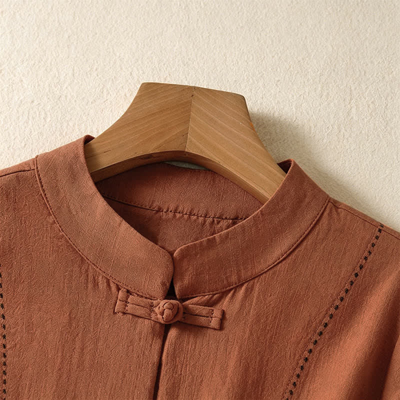 Nimara Ritual Summer Tang Style Vintage Mandarin Collar Frog Button Solid Women's Short Sleeve Shirts With Pockets