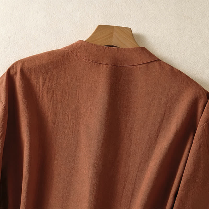 Nimara Ritual Summer Tang Style Vintage Mandarin Collar Frog Button Solid Women's Short Sleeve Shirts With Pockets