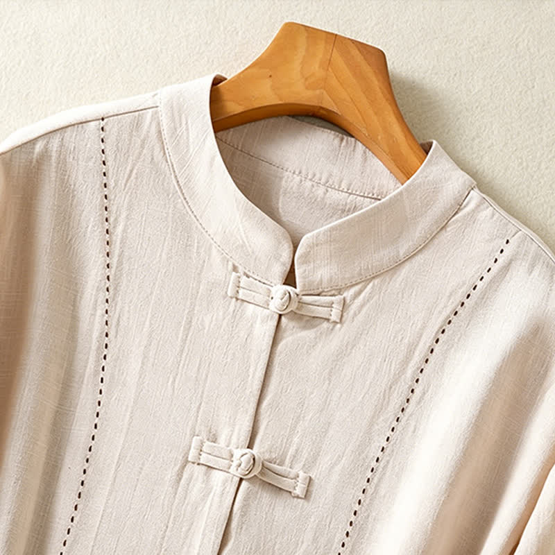 Nimara Ritual Summer Tang Style Vintage Mandarin Collar Frog Button Solid Women's Short Sleeve Shirts With Pockets