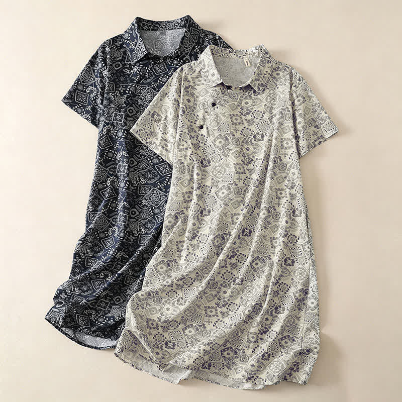 Nimara Ritual Summer Casual Vintage Button-Up Geometric Women's Short Sleeve Knee Length Dress With Pockets