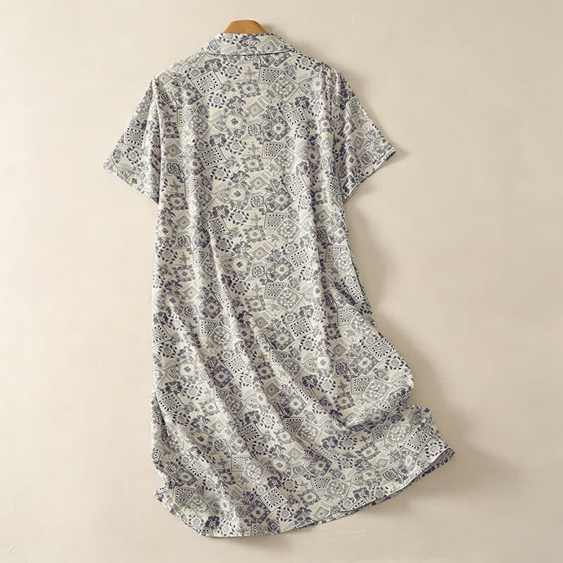 Nimara Ritual Summer Casual Vintage Button-Up Geometric Women's Short Sleeve Knee Length Dress With Pockets