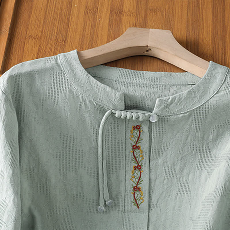Nimara Ritual Summer Boho Tang Style Embroidery Drawstring Solid Women's Short Sleeve Shirts
