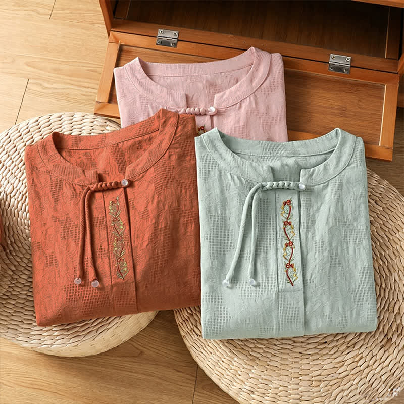 Nimara Ritual Summer Boho Tang Style Embroidery Drawstring Solid Women's Short Sleeve Shirts