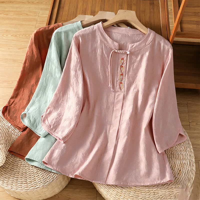 Nimara Ritual Summer Boho Tang Style Embroidery Drawstring Solid Women's Short Sleeve Shirts