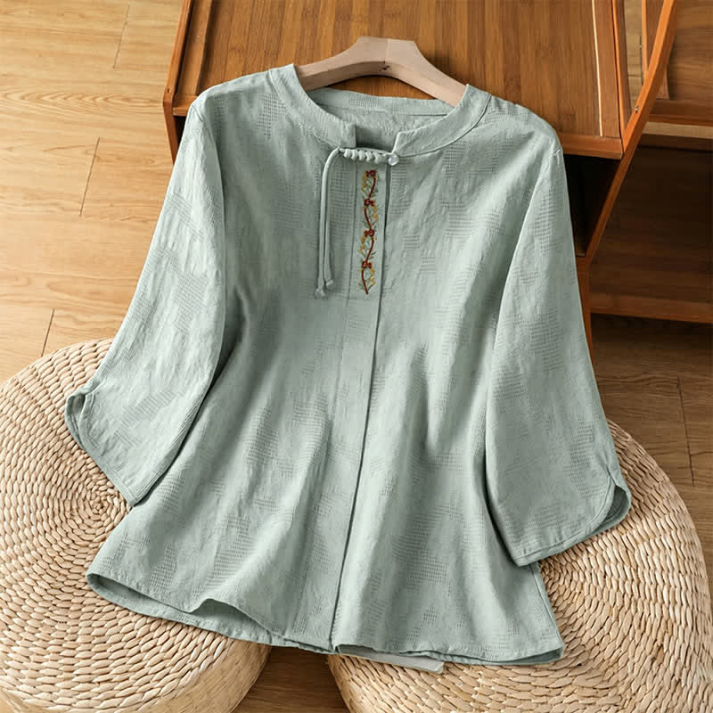 Nimara Ritual Summer Boho Tang Style Embroidery Drawstring Solid Women's Short Sleeve Shirts