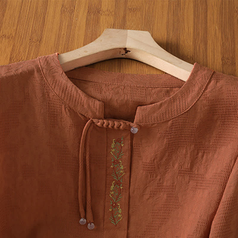 Nimara Ritual Summer Boho Tang Style Embroidery Drawstring Solid Women's Short Sleeve Shirts