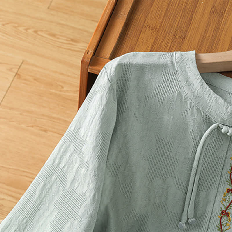 Nimara Ritual Summer Boho Tang Style Embroidery Drawstring Solid Women's Short Sleeve Shirts