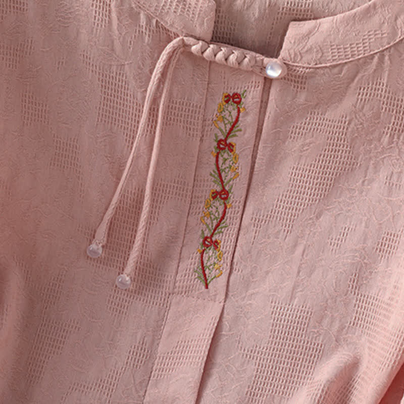 Nimara Ritual Summer Boho Tang Style Embroidery Drawstring Solid Women's Short Sleeve Shirts