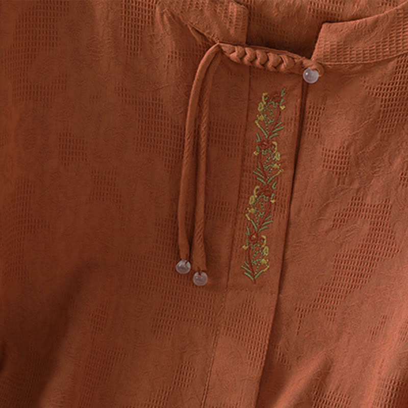 Nimara Ritual Summer Boho Tang Style Embroidery Drawstring Solid Women's Short Sleeve Shirts