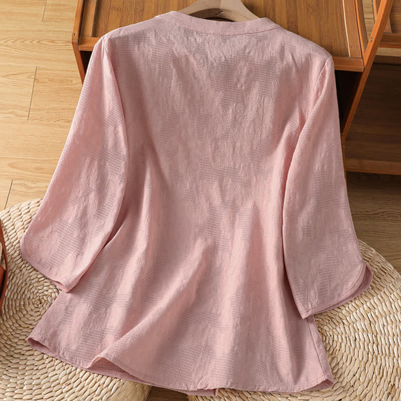 Nimara Ritual Summer Boho Tang Style Embroidery Drawstring Solid Women's Short Sleeve Shirts