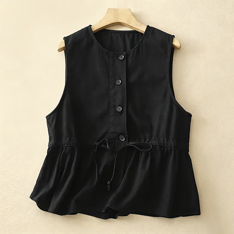 Nimara Ritual Summer Casual Vintage Button-Up Drawstring Solid Tank Top Women's Sleeveless Shirts