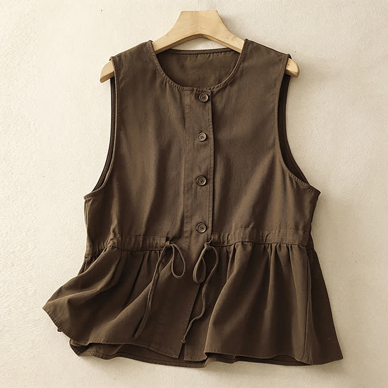 Nimara Ritual Summer Casual Vintage Button-Up Drawstring Solid Tank Top Women's Sleeveless Shirts