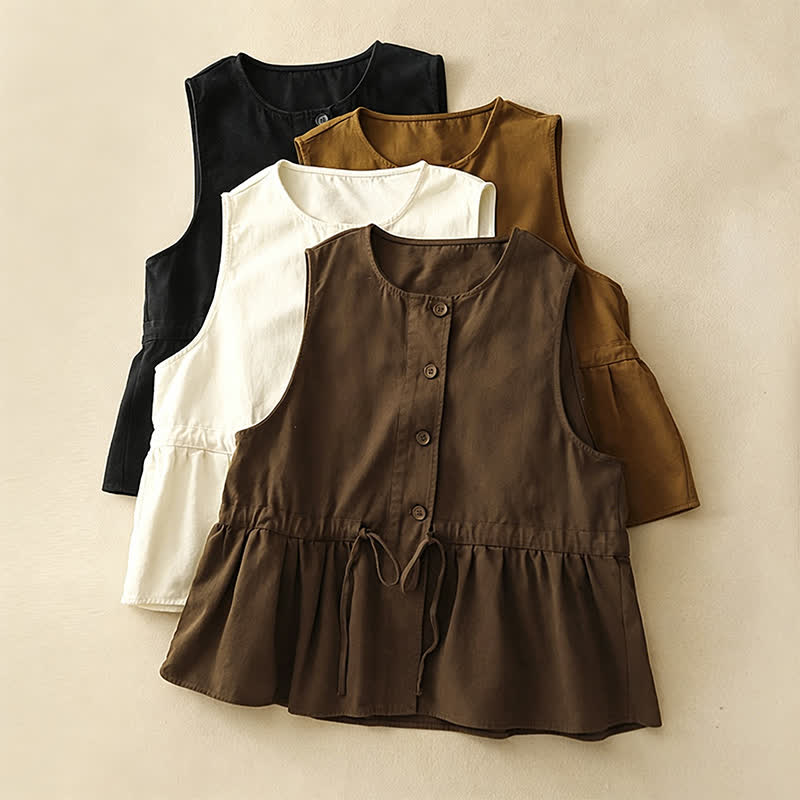 Nimara Ritual Summer Casual Vintage Button-Up Drawstring Solid Tank Top Women's Sleeveless Shirts