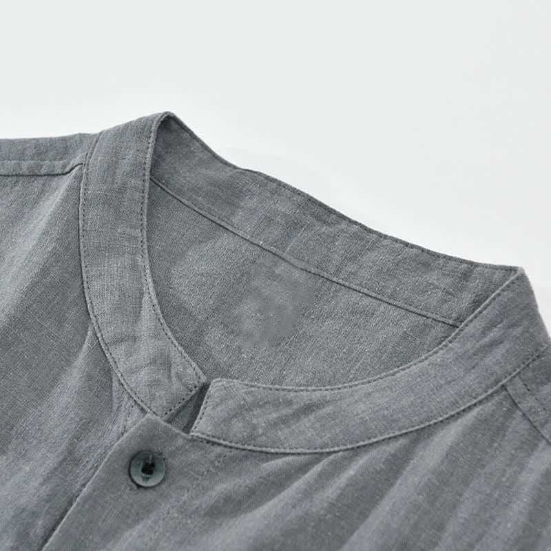 Nimara Ritual Summer Vintage Mandarin Collar Button Up Solid Men's Short Sleeve Shirts With Pockets