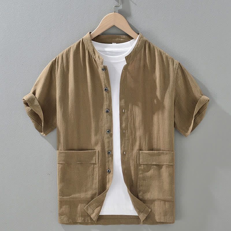 Nimara Ritual Summer Vintage Mandarin Collar Button Up Solid Men's Short Sleeve Shirts With Pockets