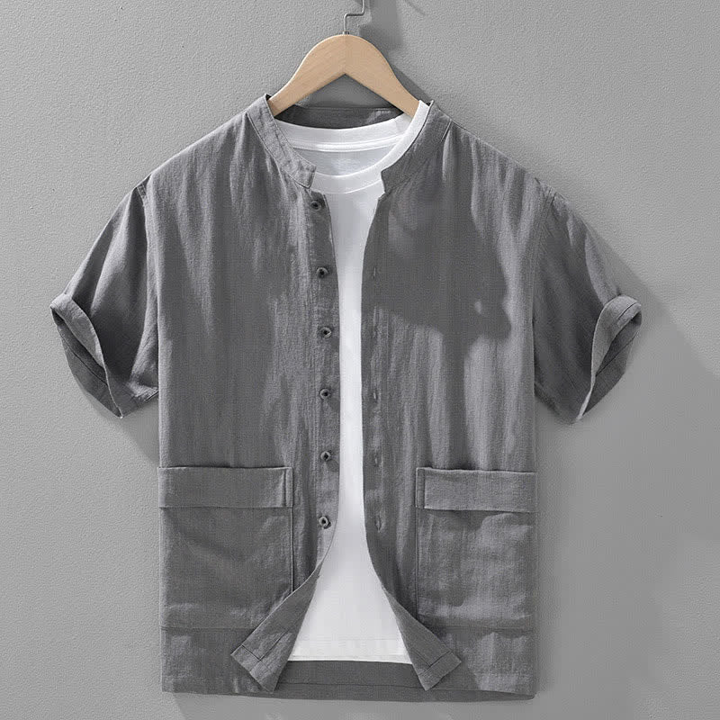 Nimara Ritual Summer Vintage Mandarin Collar Button Up Solid Men's Short Sleeve Shirts With Pockets