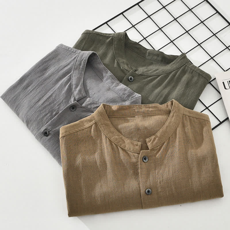 Nimara Ritual Summer Vintage Mandarin Collar Button Up Solid Men's Short Sleeve Shirts With Pockets