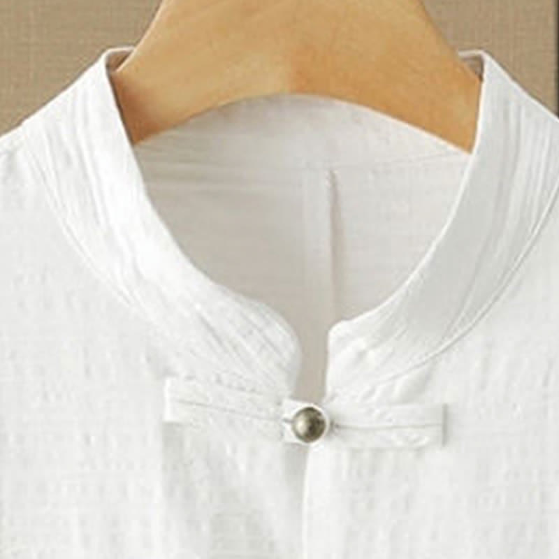 Nimara Ritual Summer Tang Style Casual Mandarin Collar Frog Button Solid Men's Elbow-Length Sleeve Shirts With Pockets