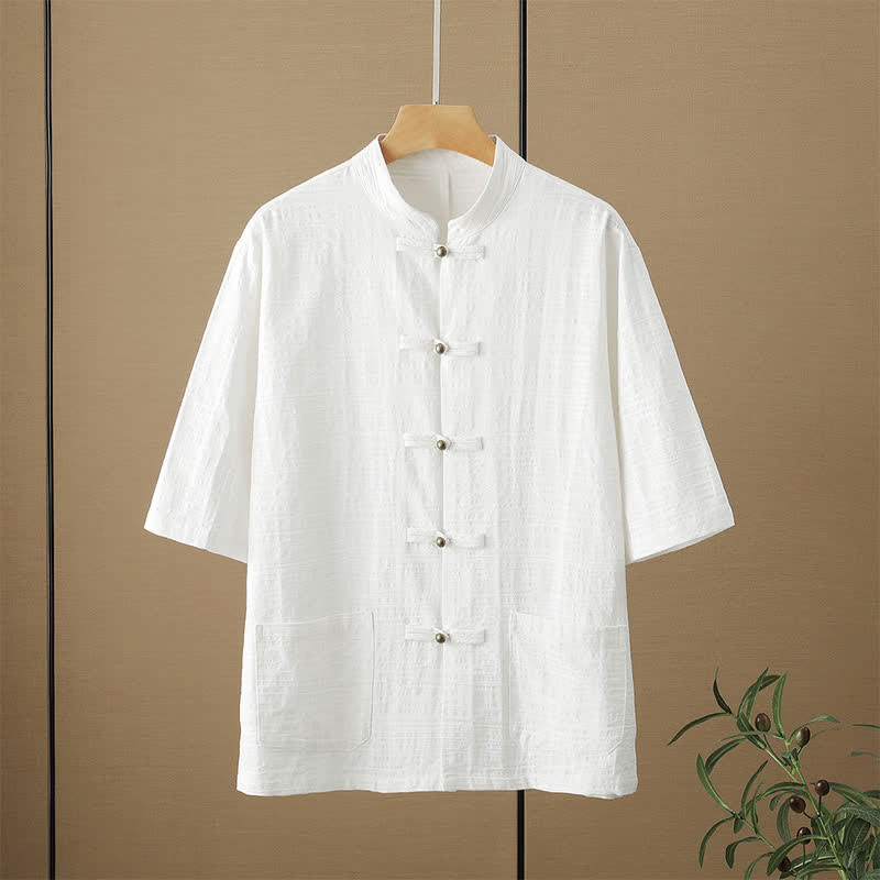 Nimara Ritual Summer Tang Style Casual Mandarin Collar Frog Button Solid Men's Elbow-Length Sleeve Shirts With Pockets