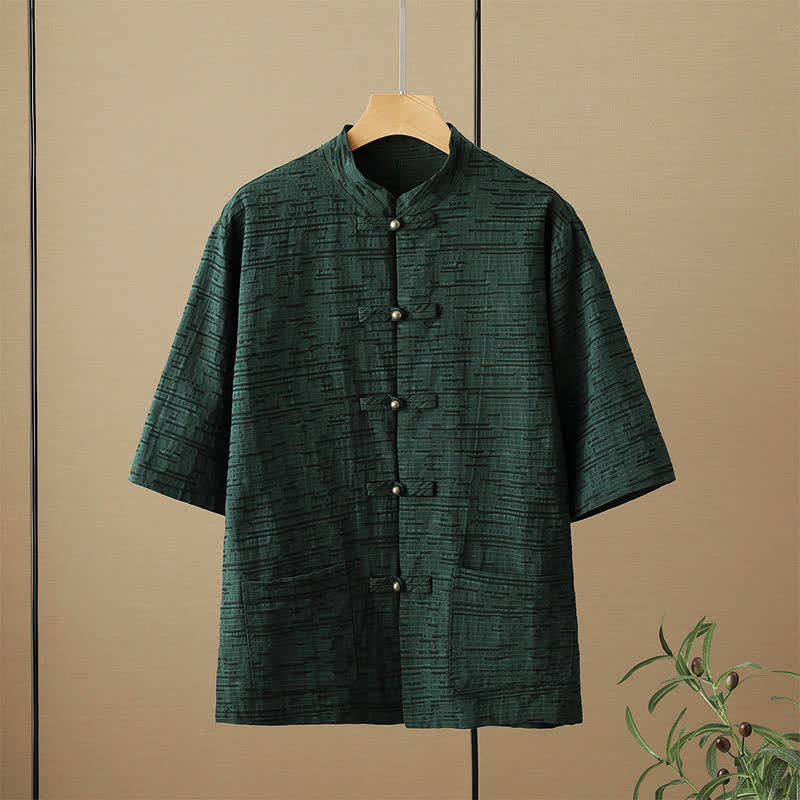 Nimara Ritual Summer Tang Style Casual Mandarin Collar Frog Button Solid Men's Elbow-Length Sleeve Shirts With Pockets