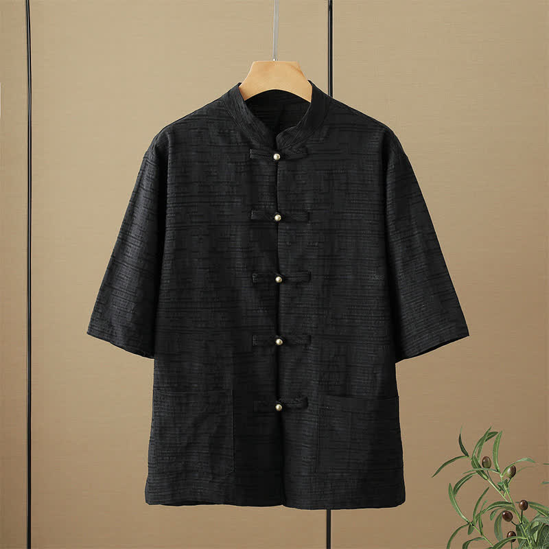 Nimara Ritual Summer Tang Style Casual Mandarin Collar Frog Button Solid Men's Elbow-Length Sleeve Shirts With Pockets