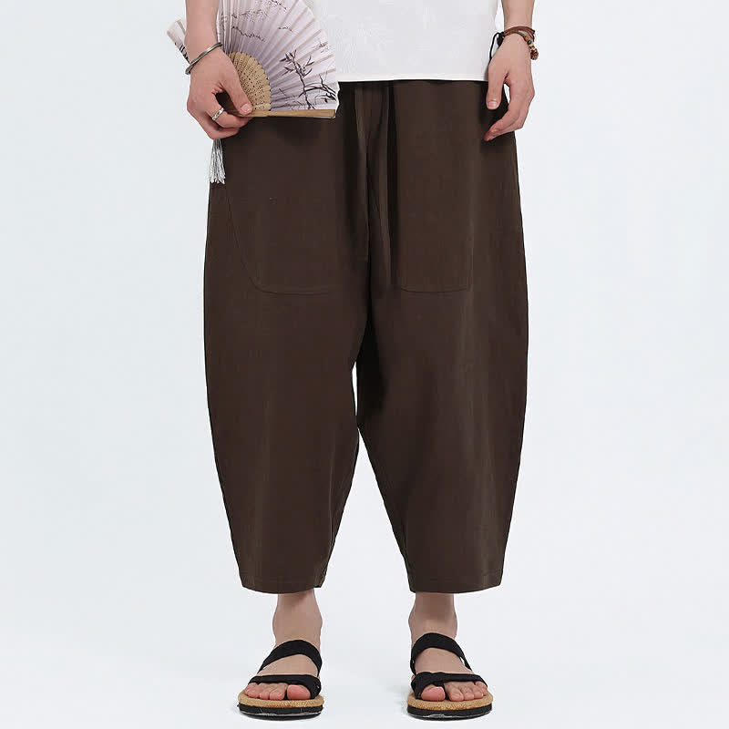 Nimara Ritual Summer Casual Drawstring Solid Cotton Linen Capri Pants Men's Harem Pants With Pockets