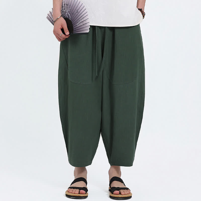 Nimara Ritual Summer Casual Drawstring Solid Cotton Linen Capri Pants Men's Harem Pants With Pockets