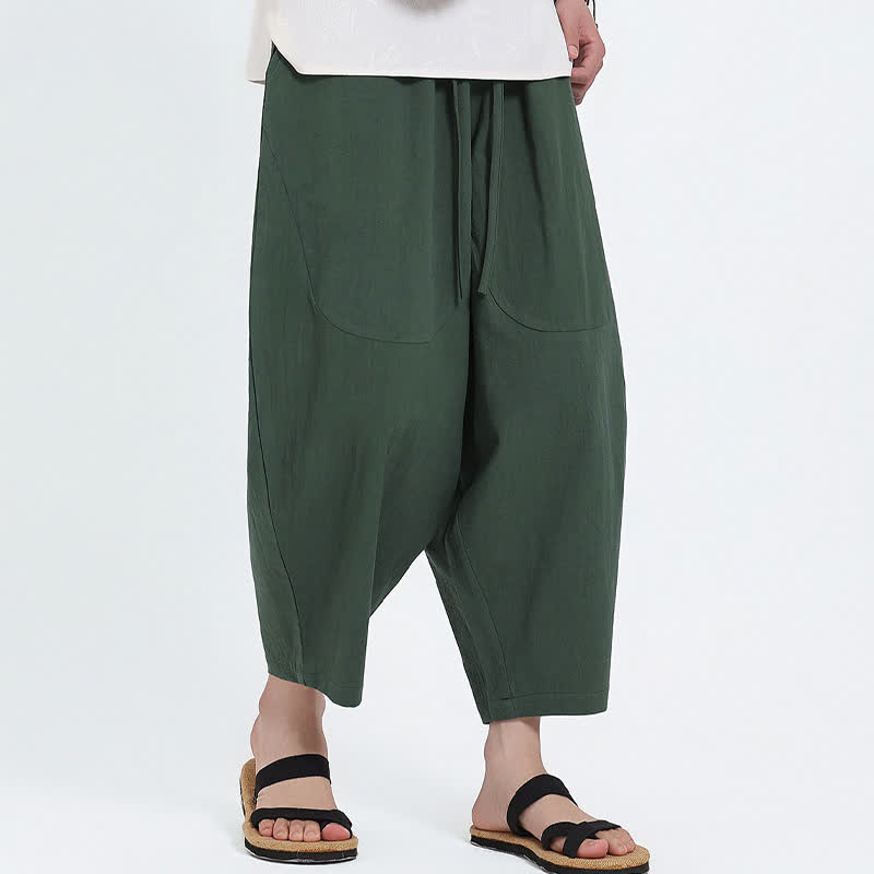 Nimara Ritual Summer Casual Drawstring Solid Cotton Linen Capri Pants Men's Harem Pants With Pockets