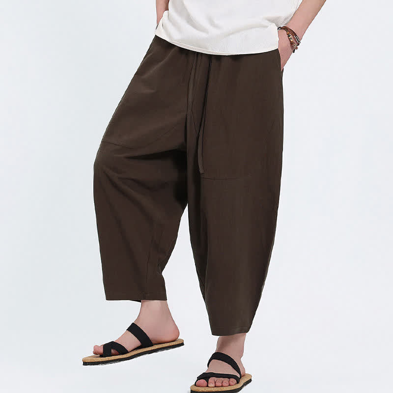 Nimara Ritual Summer Casual Drawstring Solid Cotton Linen Capri Pants Men's Harem Pants With Pockets