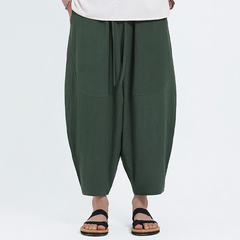 Nimara Ritual Summer Casual Drawstring Solid Cotton Linen Capri Pants Men's Harem Pants With Pockets