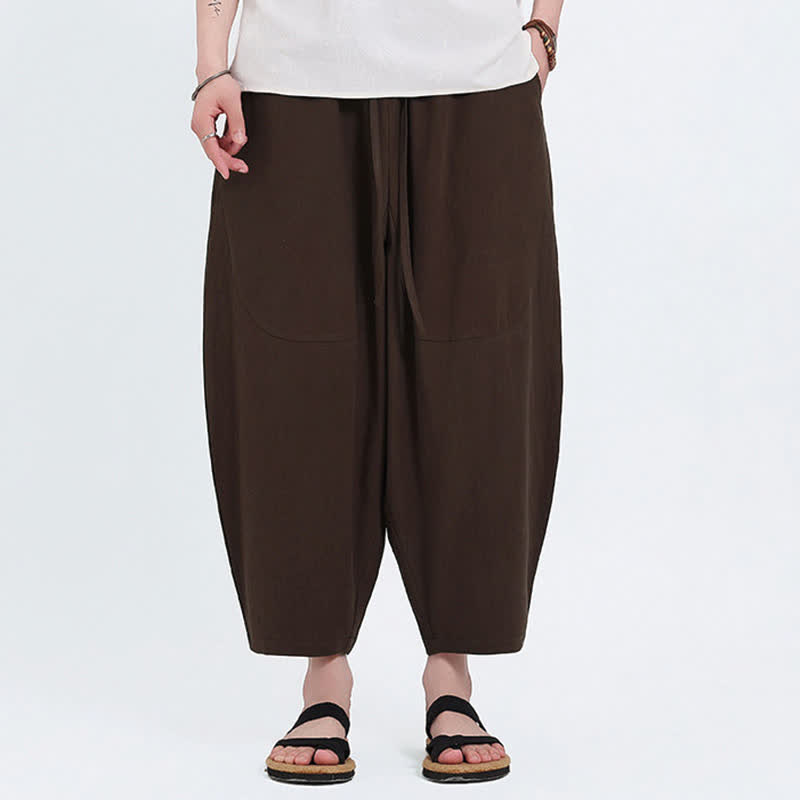 Nimara Ritual Summer Casual Drawstring Solid Cotton Linen Capri Pants Men's Harem Pants With Pockets