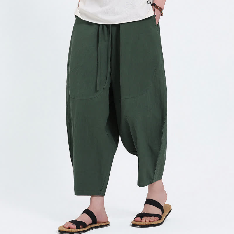 Nimara Ritual Summer Casual Drawstring Solid Cotton Linen Capri Pants Men's Harem Pants With Pockets