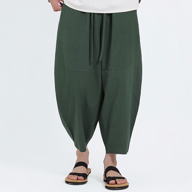 Nimara Ritual Summer Casual Drawstring Solid Cotton Linen Capri Pants Men's Harem Pants With Pockets