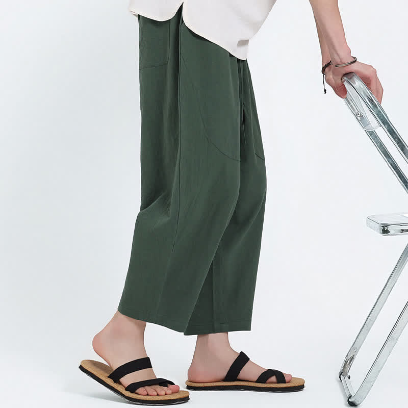 Nimara Ritual Summer Casual Drawstring Solid Cotton Linen Capri Pants Men's Harem Pants With Pockets