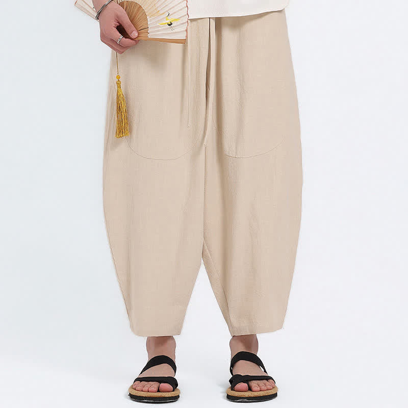 Nimara Ritual Summer Casual Drawstring Solid Cotton Linen Capri Pants Men's Harem Pants With Pockets