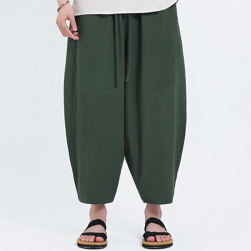 Nimara Ritual Summer Casual Drawstring Solid Cotton Linen Capri Pants Men's Harem Pants With Pockets