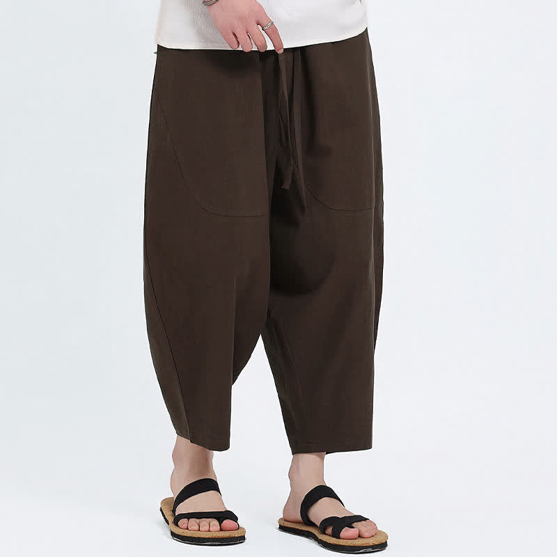 Nimara Ritual Summer Casual Drawstring Solid Cotton Linen Capri Pants Men's Harem Pants With Pockets
