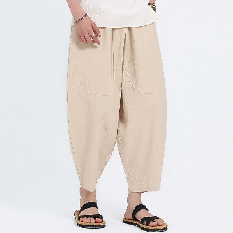 Nimara Ritual Summer Casual Drawstring Solid Cotton Linen Capri Pants Men's Harem Pants With Pockets