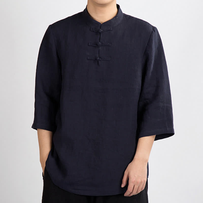 Nimara Ritual Summer Tang Style Mandarin Collar Frog Button Solid Men's Three-Quarter Sleeve Shirts