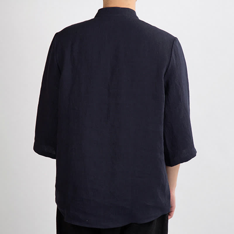 Nimara Ritual Summer Tang Style Mandarin Collar Frog Button Solid Men's Three-Quarter Sleeve Shirts