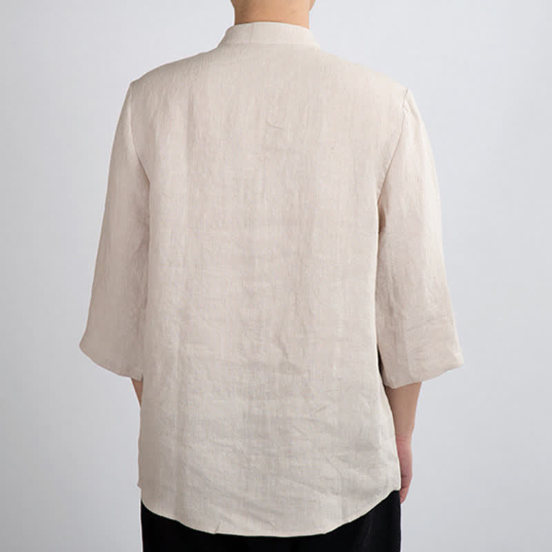Nimara Ritual Summer Tang Style Mandarin Collar Frog Button Solid Men's Three-Quarter Sleeve Shirts